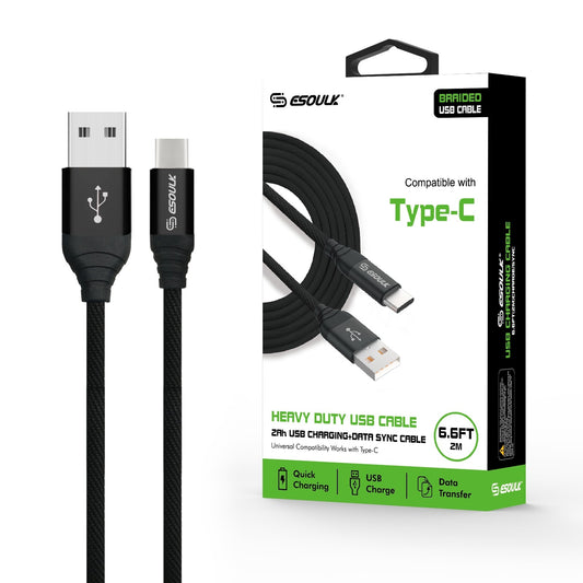 Heavy Duty USB Cable 2Ah USB Charging + Data Sync Braided Cable - 6.6ft EC40P-TPC